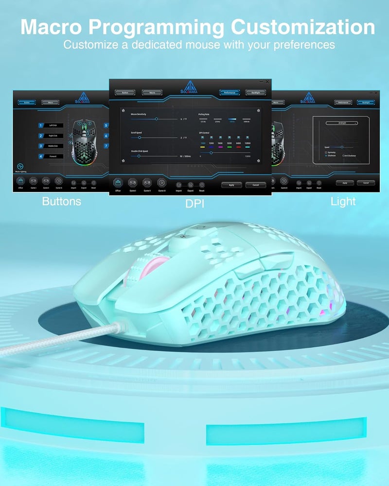 SOLAKAKA SM900 Green Wired Gaming Mouse with Honeycomb Shell,12800 DPI,7 Programmable Buttons,Lightweight Gaming Mice Ergonomic Computer Mouse Gaming for Windows/PC/Mac/Laptop Gamer - Image 4